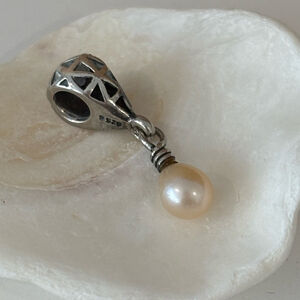 TROLLBEADS white pearl drop charm sterling silver marked 925 LAA retired bead